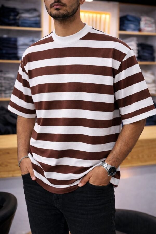 Men’s Relaxed-Fit Striped Drop-Shoulder T-Shirt_ Brown X White,