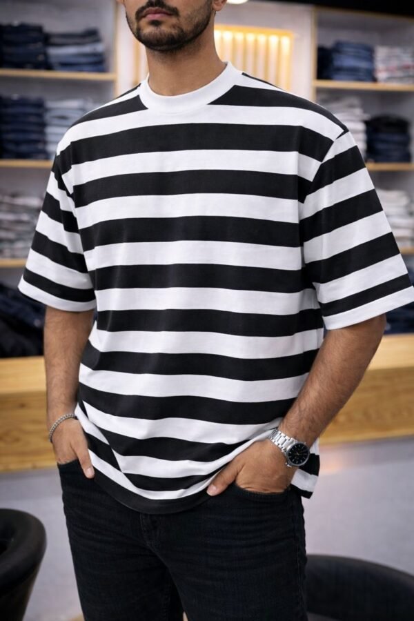 Men’s Relaxed-Fit Striped Drop-Shoulder T-Shirt_. Black X White