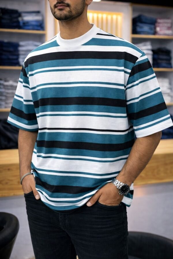 Men’s Relaxed-Fit Striped Drop-Shoulder T-Shirt_ Teal (blue-green) with white and black horizontal stripes.