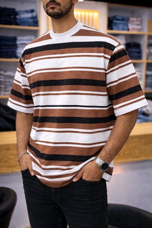 Men’s Relaxed-Fit Striped Drop-Shoulder T-Shirt_ Brown X White X Black