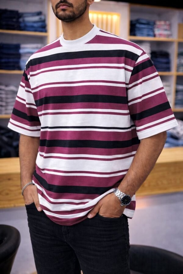 Men’s Relaxed-Fit Striped Drop-Shoulder T-Shirt_Maroon X white X black — with horizontal stripes.