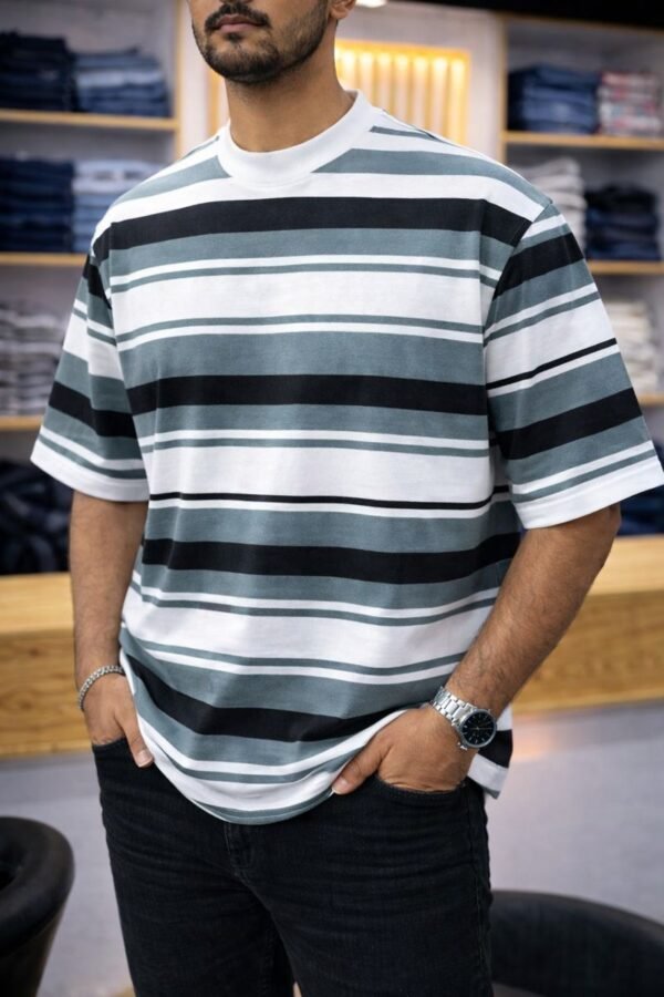 Men’s Relaxed-Fit Striped Drop-Shoulder T-Shirt_Teal (blue-green) with white and black horizontal stripes.