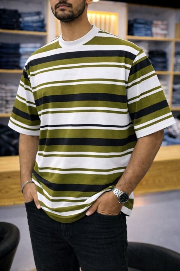 Men’s Relaxed-Fit Striped Drop-Shoulder T-Shirt_ Olive green, white, and black with horizontal stripes.