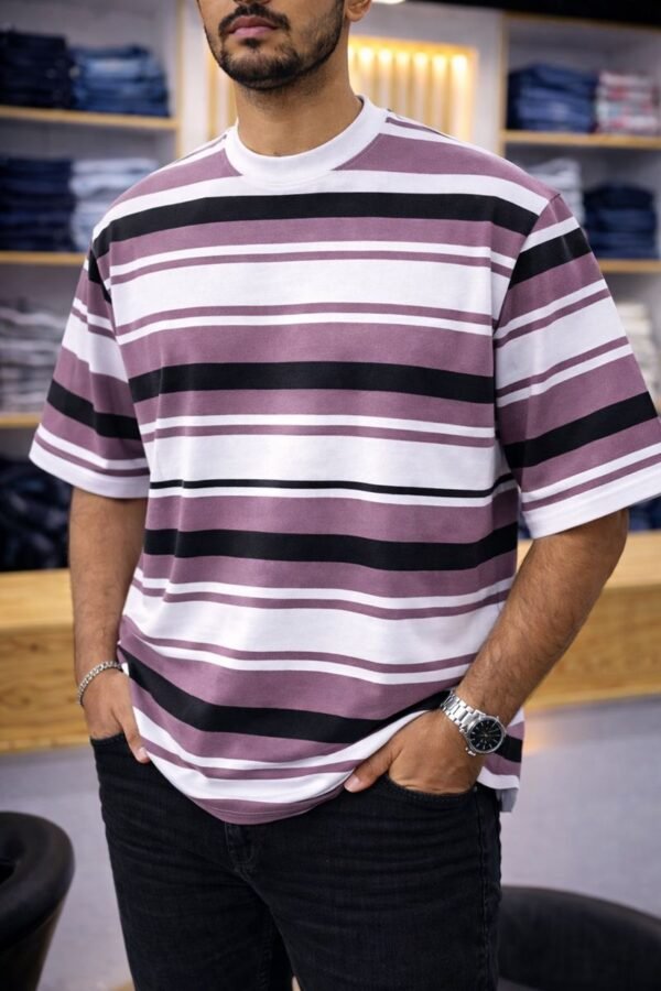 Men’s Relaxed-Fit Striped Drop-Shoulder T-Shirt_ Dusty mauve, white, and black with horizontal stripes.