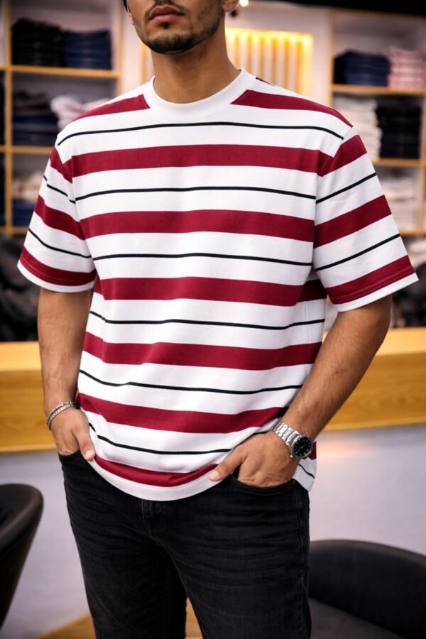 Men’s Relaxed-Fit Striped Drop-Shoulder T-Shirt_ white with maroon (dark red)