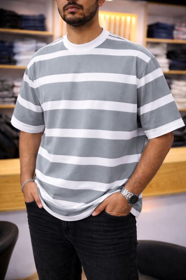 Men’s Relaxed-Fit Striped Drop-Shoulder T-Shirt_ Grey X White